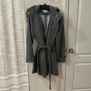 NWOT Calvin Klein wool coat, faux fur hood.